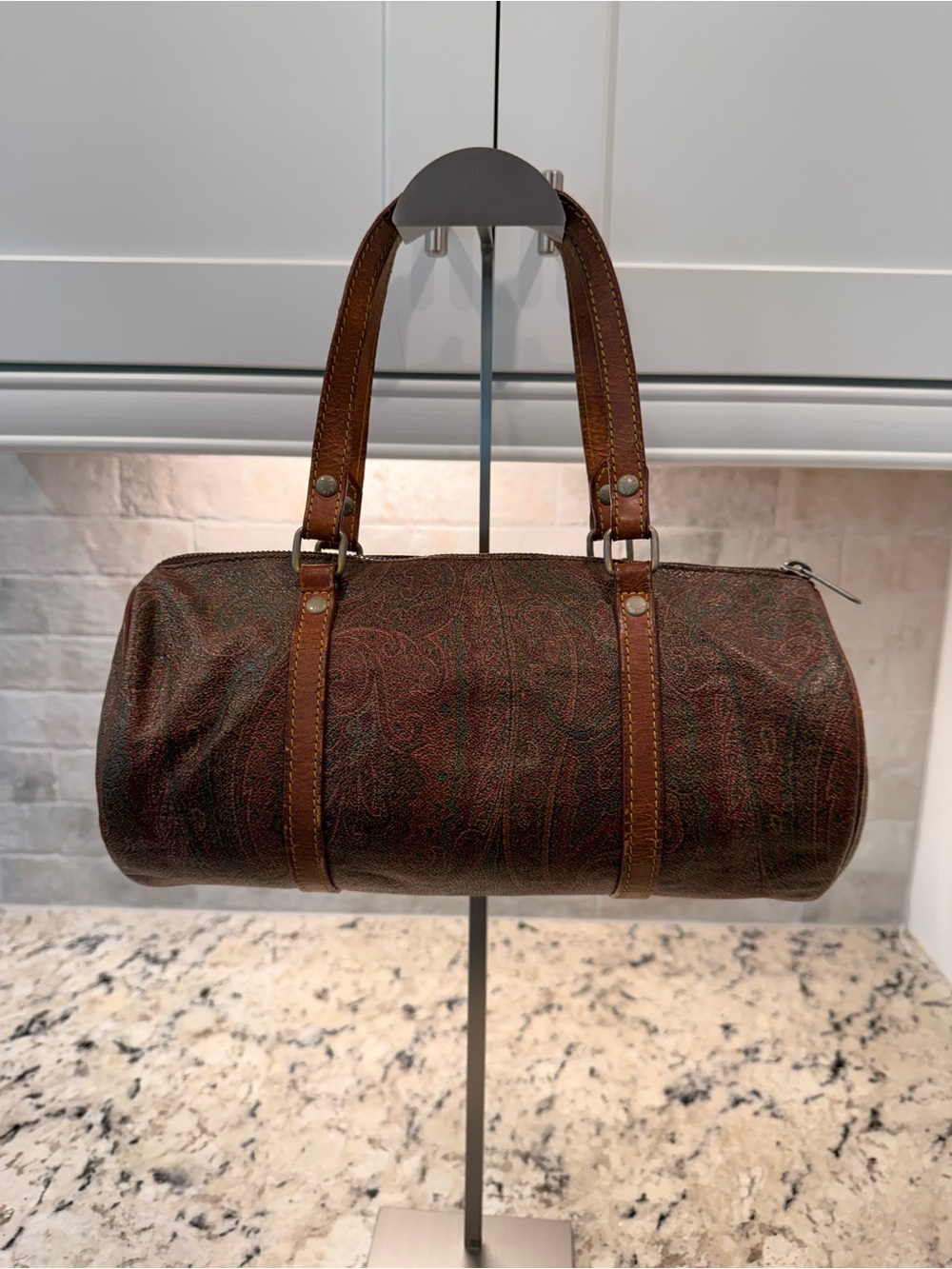 Etro EUC Vintage Paisley Barrel Bag w/Brown Leather Trim